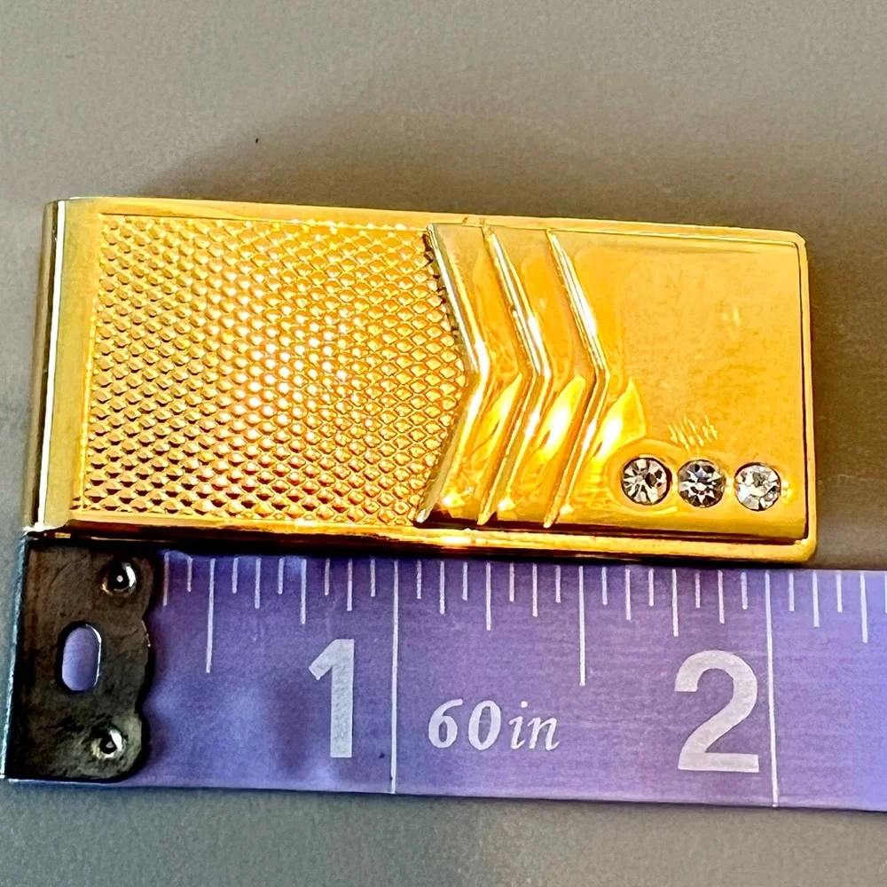 Money Clip Gold Tone Textured Three Rhinestones